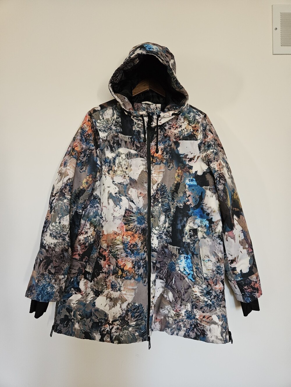 Arctic Expedition Floral Print Hooded Parka Jacket L Side Zips Thumbhole Cuffs